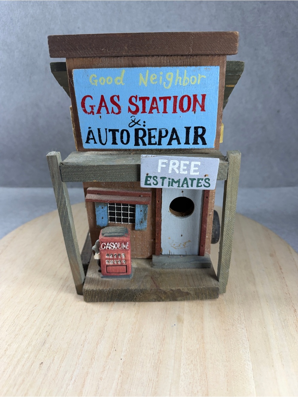 Vintage Wooden Gas Station Birdhouse Rustic Auto Repair Shop Folk Art Garden